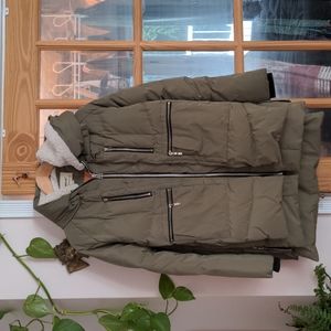 Orolay winter jacket. Army Green, cozy, fleece lined hood, lots of pockets.